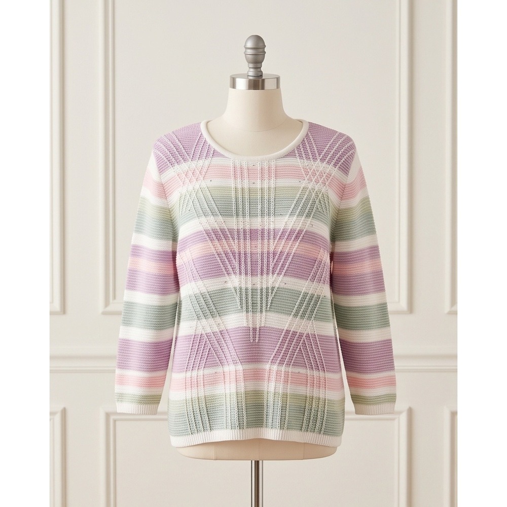 Alfred Dunner Pastel Striped‎ 90s Sweater XL Rhinestone Accents  *Loose String*